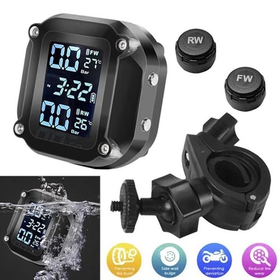 Motorcycle TPMS Wireless Tyre Pressure Monitoring System LCD Display Waterproof - Image 1 of 4