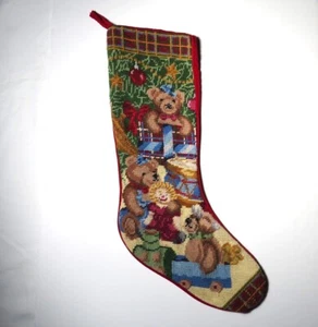 Vintage Needlepoint Christmas Stocking Teddy Bears Toys by Christmas Tree 21.5" - Picture 1 of 5