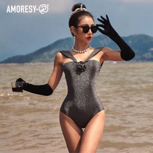 AMORESY Women's Silver Silk One Piece Swimwear Sleeveless Beach Tights Swimsuits - Picture 1 of 24