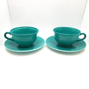 VTG Hazel Atlas Ovide Platonite Set of 2 Tea Cups and 2 Saucers Teal - Picture 1 of 13