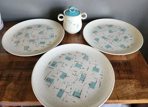 VernonWare VTG MCM Atomic Blue Heavenly Days (3) 10" Dinner Plates W/ Sugar Jar - Picture 1 of 14