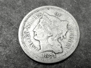1874 THREE CENT NICKEL FINE - Picture 1 of 2