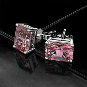 2Ct Emerald Cut Simulated Pink Sapphire Diamond Earrings 14K White Gold Plated