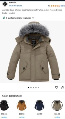 NEW Wantdo Boys SIZE 14 - 16 Quilted Parka Thick Puffer Jacket Waterproof KHAKI - Image 1 of 4