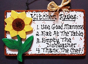 SUNFLOWER KITCHEN RULES Wall Art SIGN Country Wood Crafts Decor Hanger Plaque - Picture 1 of 1