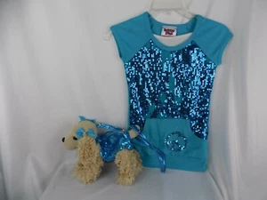 Set of 2 Poochie & Co Puppy Purse Dog Girls Aqua Blue Sequins MEDIUM Shirt - Picture 1 of 9