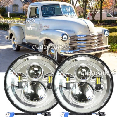 Pair 7" Round LED Headlights Hi/Lo Beam Fit Chevy Truck 3100 1950 1951 1952-1959 - Image 1 of 4