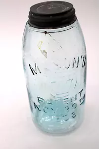 Vtg Mason's Half-Gallon Glass Jar Zinc Lid #45 Patent Nov. 30th 1858 Blue - Picture 1 of 10