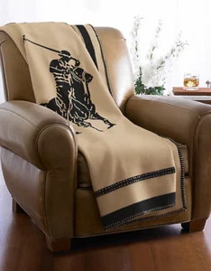 $795 RALPH LAUREN Polo Pony Stadium Throw Blanket Wool Cashmere 54x72 Camel Blk - Picture 1 of 14