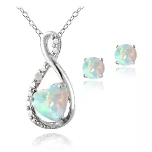 Silver Lab Created Opal & Diamond Infinity Heart Pendant & Stud Earrings Set - Picture 1 of 6