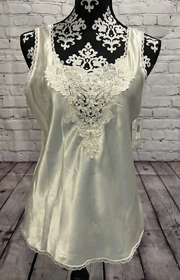 NWT Cinema Etoile Women’s Ivory Laced Sequined Beaded Silky Shiny Satin Tank M - Image 1 of 4