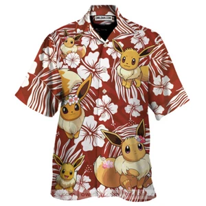 Eevee Pokemon Hawaiian Shirt Aloha Summer Beach Button Down - Picture 1 of 2