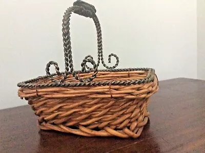 farm gathering egg fruit basket wrought iron metal ornate handle rustic deco VTG - Image 1 of 4