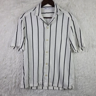 Zara Mens XL White & Black Stripe Linen Blend Button Up Resortwear Beachy - Image 1 of 4