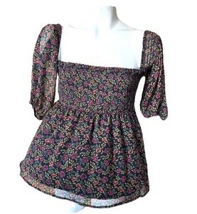 Blusa Top Boho AMERICAN EAGLE OUTFITTERS S Bata Hombro Descubierto Flor Negra B41 - Imagen 1 de 4