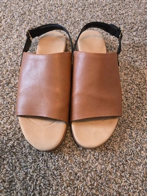 Clarks brown leather-black strap/gold buckle shoes/sandals women's size 10 - Image 1 of 4