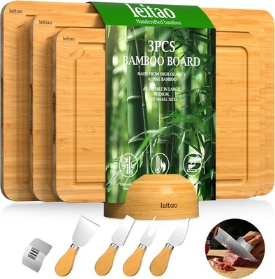 3 Pcs Bamboo Cutting Board Set w/ Holder 4 Knives Juice Groove Charcuterie Board - Image 1 of 4