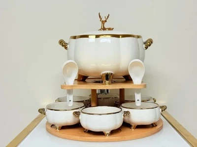 Luxury 15pc Ceramic Soup Bowl Set w/ Stand & Spoons – White, Black, Cream, Mocha - Изображение 1 из 4