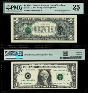 Third Printing Offset on Back Error Fr. 1921-D $1 1995 FR Note ~PMG Very Fine 25 - Picture 1 of 1