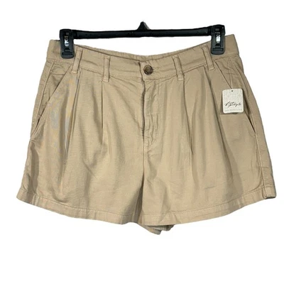 Pantalones Cortos Chinos Billie Free People Talla 12 Tiro Alto Plisado Bolsillo Cremallera-Vuela Leche de Almendras Foto 1 de 4