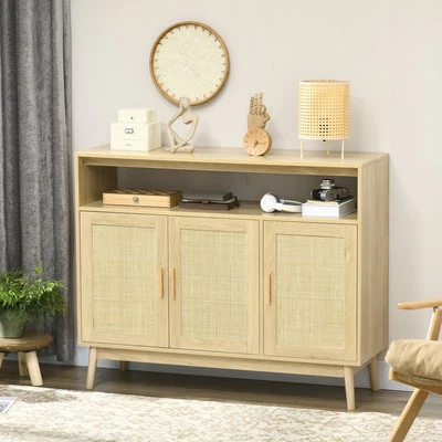 Kitchen Sideboard Boho Buffet Cabinet with 3 Rattan Doors and Adjustable Shelf - Image 1 of 4