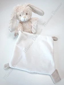 Doudou Plat/Mouchoir Lapin Beige Blanc Fourrure Attache Tétine  -  Tex Carrefour - Picture 1 of 6