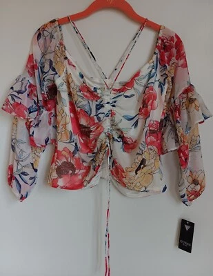 Guess Top Halter con Correas Ajustables en Cintura Corta en Blanco Floral Pequeño - Nuevo Foto 1 de 4