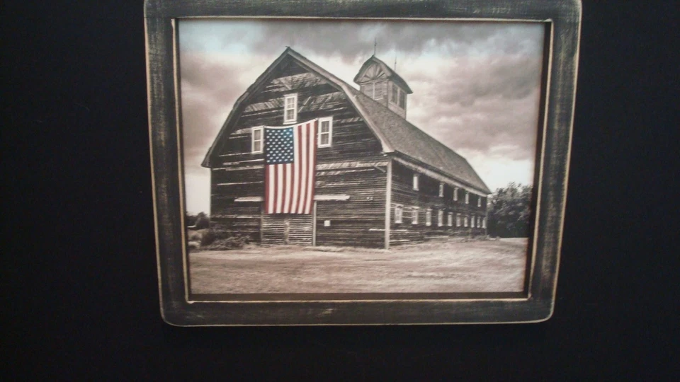 Primitive Country Print **BLACK BARN with U.S. FLAG** 9 x 10/12" Black Frame - Image 1 of 1