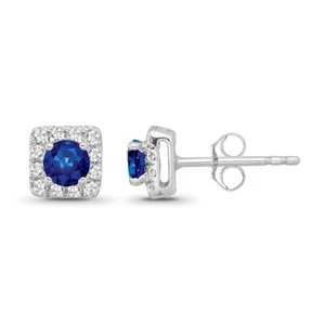 Natural Diamond & Blue Sapphire Sterling Silver Halo Stud Earrings for Women - Picture 1 of 7