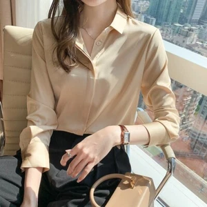 Faux Silk Women Plain Satin Shirts Blouse Tops Office Formal Casual Business - Picture 1 of 17