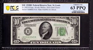 1928 B $10 FEDERAL RESERVE NOTE ST. LOUIS FR.2002-H HA BLOCK PCGS B CU 63 PPQ - Picture 1 of 4