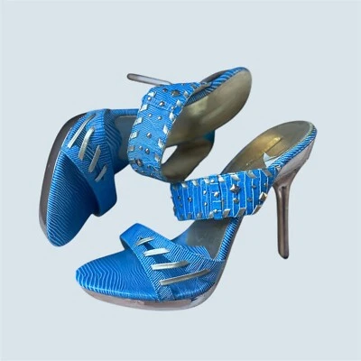 Michael Antonio Women Heels Size 7.5B Blue Gold Open Toe Old Money - Image 1 of 4