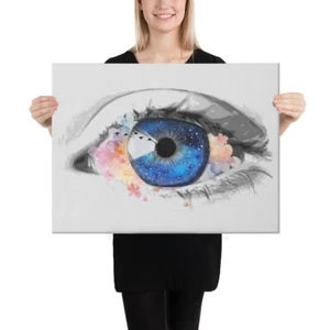 Floral Space Eye Touch of Color Blue Eye Painting Print on Canvas - Picture 1 of 4