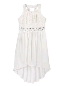 Sequin Hearts Girl's Lace-Bodice Chiffon High-Low Fanciful Dress-Size-14-Ivory - Picture 1 of 7