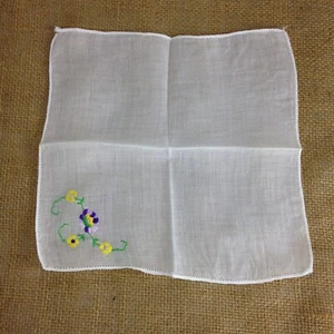 VTG Childs Size HANDKERCHIEF Hanky White Purple Embroidered Flowers VGC 8" Sq - Picture 1 of 3