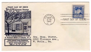 #867 Walt Whitman Famous American 1940 FDC - SOJEX Stamp Exhib. Label Reverse - Picture 1 of 2