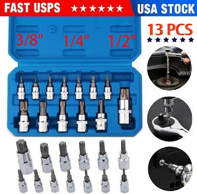 13Pcs Torx Torque Tork Star Bits Drive Male Female 3/8' Chrome Sockets Set Tool - Image 1 of 4