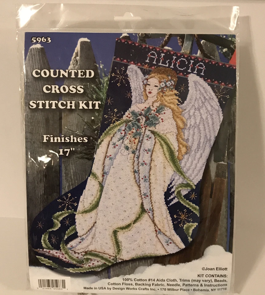 "Kit de medias de Navidad Holly Angel nuevo en paquete, Joan Eliott 5963, sellado, azul oscuro 17""" Foto 1 de 3