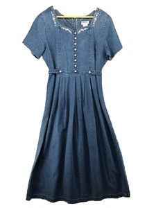 Vintage 90's Erika Denim Dress Women Large Blue Midi Embroidered Cottagecore USA - Picture 1 of 14