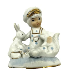 Porcelain Boy Figurine with Squirrel & Bunny Marked on Back - Picture 1 of 6