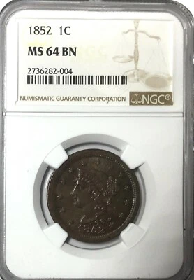 1852 Large Cent Braided Hair - NGC MS64 BN - Beautiful Coin  - Image 1 of 2