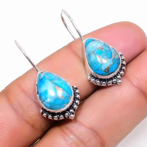 Copper Turquoise Gemstone 925 Sterling Silver Jewelry Stud Earring Size 0.75'' - Picture 1 of 1