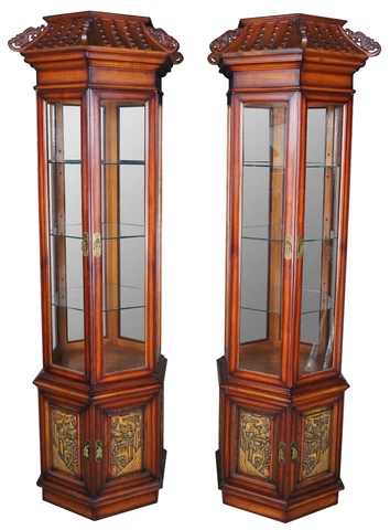 2 Japanese Red Oak Dragon Carved Hexagonal Pagoda Vitrine Curio Display Cabinets Cover
