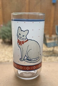 Vintage Libbey 14 oz White Frosted Kitty Cat Highball Punk Bowtie Blue Outline - Picture 1 of 6