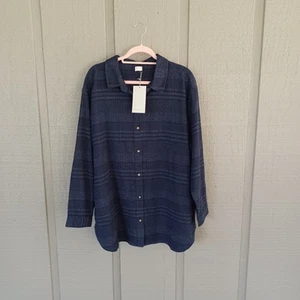 Poetry Women Shirt Size 14 Minimalist Hemp Cotton Blend Button Front Dark Blue - Picture 1 of 13