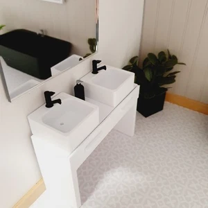 Puppenstube moderner Waschtischständer, 2x Schubladen zum Öffnen mit 2x weißen runden oder - Bild 1 von 8