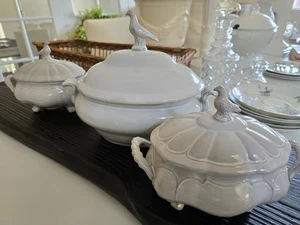 Rare Set Of Three French Drip Glaze Tureens With Bird Adornments - Picture 1 of 13