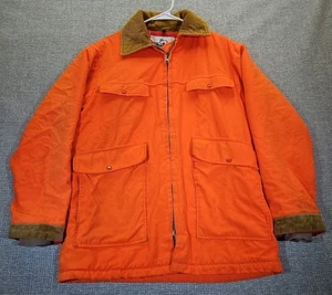 TRUE VTG 70s Woolrich Hunters Jacket Sz L Blaze Orange Quilt Lined Corduroy READ - Picture 1 of 20