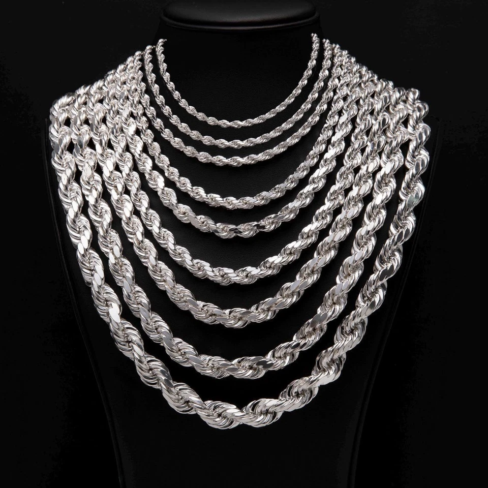 Collar CADENA CUERDA CORTE DIAMANTE Italiano Plata de Ley 925 Todos los Tamaños - UNISEX Foto 1 de 4
