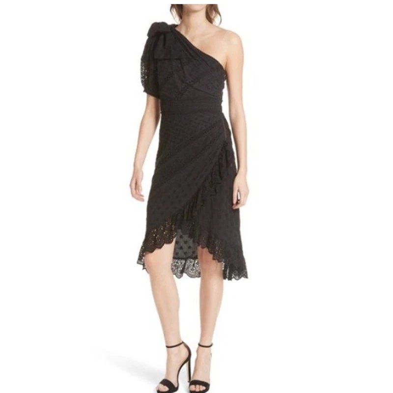 Ulla Johnson Gwyneth Eyelet Embroidered One Shoulder Puff Sleeve Tie Bow Dress - Image 1 of 4